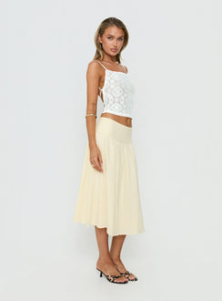   side view of model wearing Princess Polly Heart Of Gold Linen Blend Midi Skirt Lemon Midi Skirts Skirts 