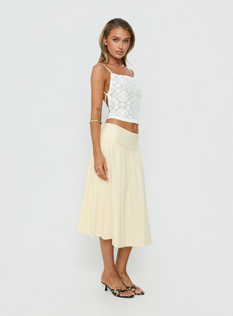   side view of model wearing Princess Polly Heart Of Gold Linen Blend Midi Skirt Lemon Midi Skirts Skirts 