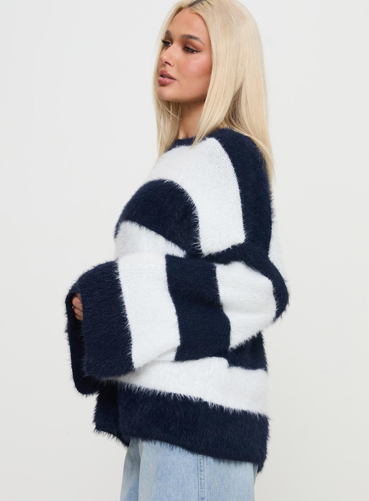 product Princess Polly Nerina Knit Sweater Blue / White Stripe Longline Jumpers Jumpers 