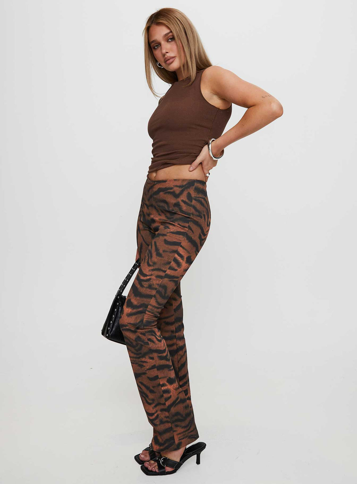 side view of model wearing Princess Polly Andrina Straight Leg Pants Multi High Rise Pants Pants 