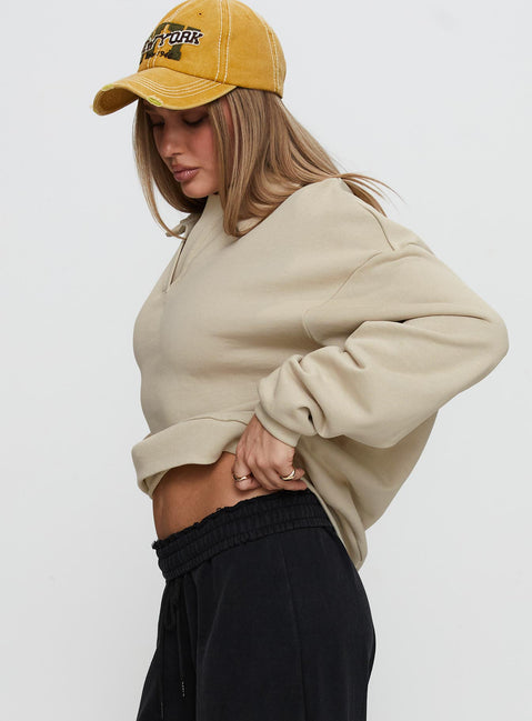 side view of model wearing Princess Polly Back Around Collared Fleece Jumper Oat Longline Jumpers Jumpers 