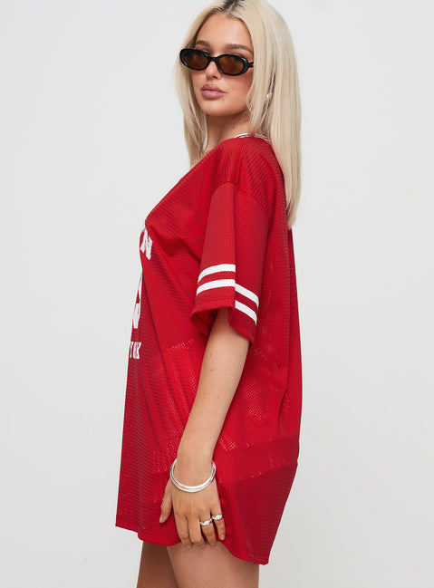 side view of model wearing Princess Polly Michail Jersey Mini Dress Red V-Neck 