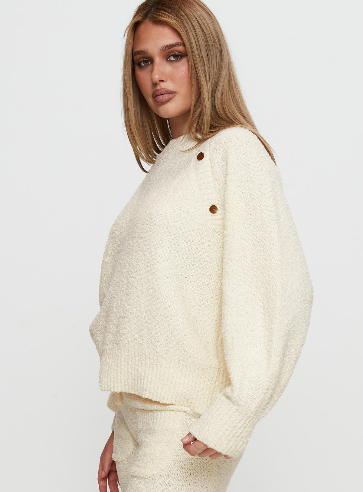 side view of model wearing Princess Polly Susi Fluffy Knit Sweater Ivory cropped Jumpers 