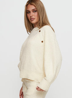 side view of model wearing Princess Polly Susi Fluffy Knit Sweater Ivory cropped Jumpers 