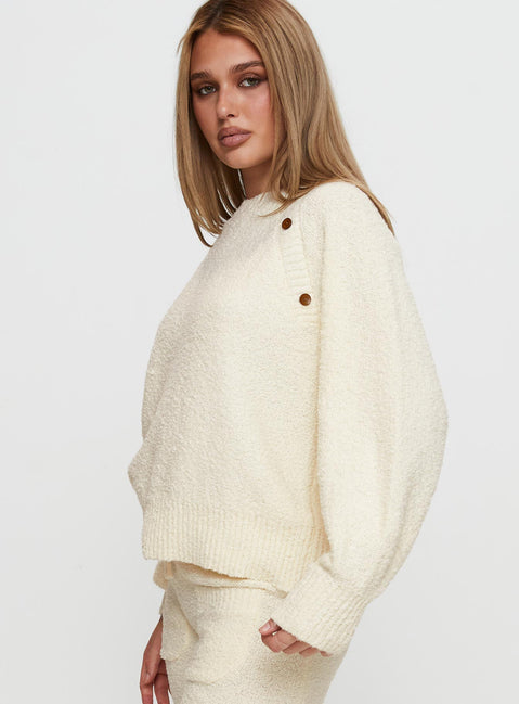 side view of model wearing Princess Polly Susi Fluffy Knit Sweater Ivory cropped Jumpers 