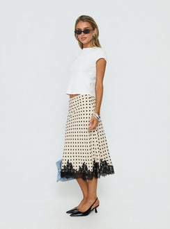   side view of model wearing Princess Polly Downtown Scene Lace Trim Maxi Skirt Cream Polka Midi Skirts Skirts 