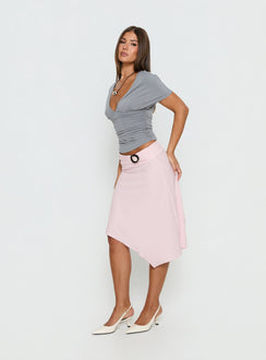   side view of model wearing Princess Polly Ismora Asymmetrical Midi Skirt Pink Skirts 