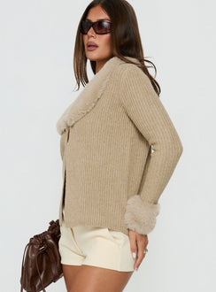 Designed with Gisele Faux Fur Trim Long Sleeve Sand womens jumpers and short length front view of model wearing Princess Polly
