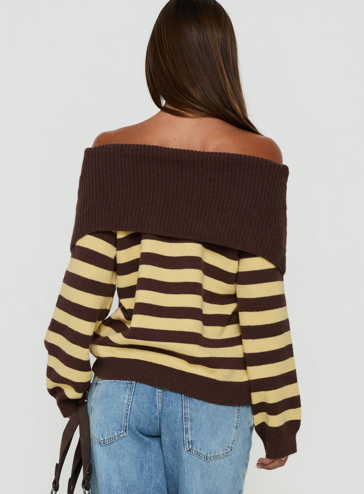 Next Page Foldover Long Sleeve Knit Sweater Brown / Yellow Stripe