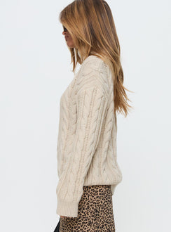 side view of model wearing Princess Polly Bryden Turtleneck Cable Knit Sweater Beige Longline Jumpers Jumpers 