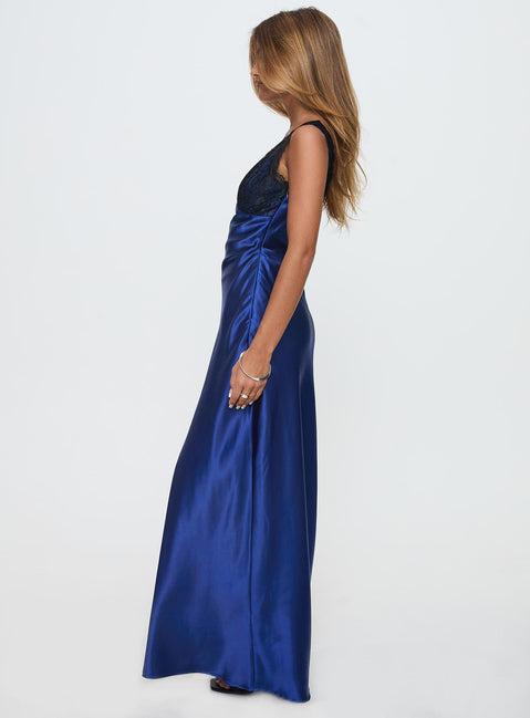 back view of model wearing Princess Polly Voila Lace Maxi Dress Navy / Black V-Neck 