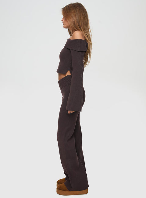 side view of model wearing Princess Polly Sina Off The Shoulder Top Chocolate Full Sleeves Asymmetric Neckline 