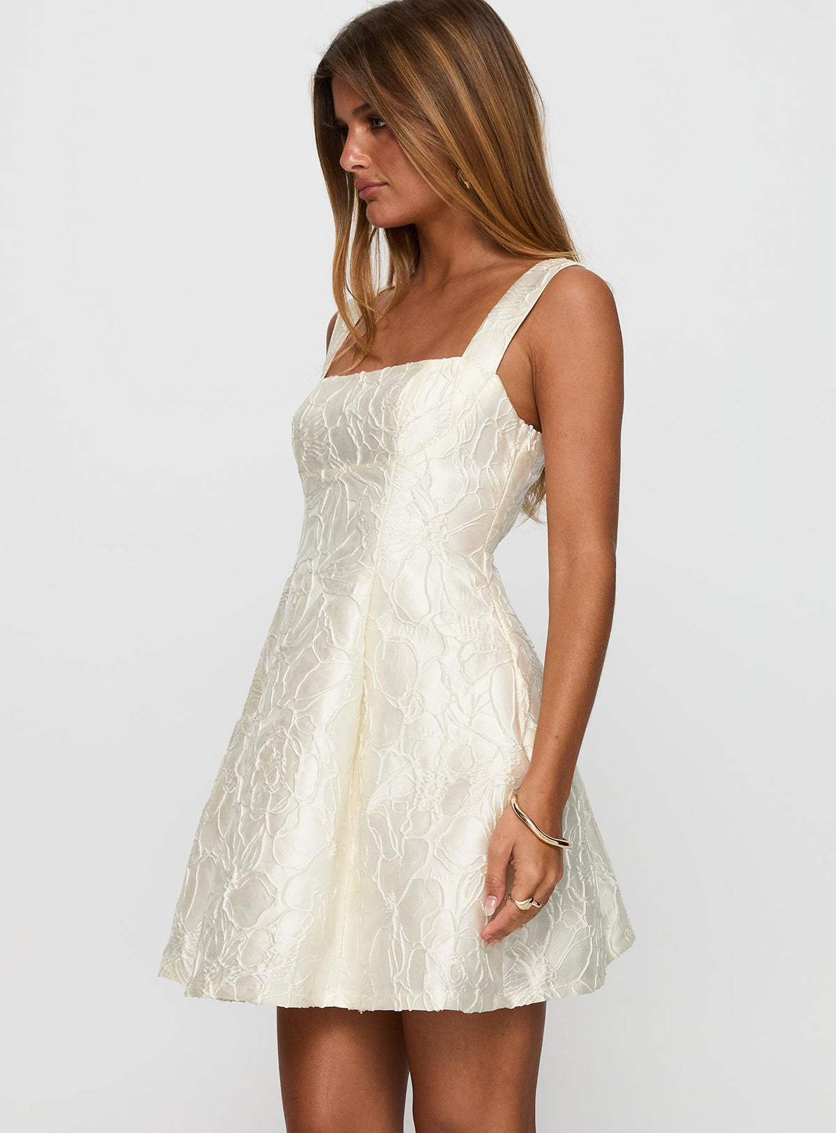 side view of model wearing Princess Polly Eloquent Mini Dress Ivory Square Neck 