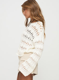 side view of model wearing Princess Polly Mistic Knit Sweater Cream Cropped Jumpers Jumpers 