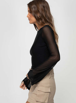 side view of model wearing Princess Polly Lukea Long Sleeve Bodysuit Black Long Sleeve Tops Bodysuit 
