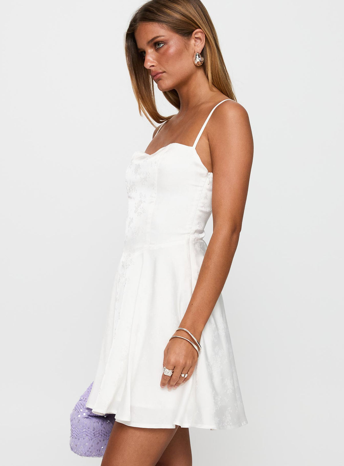 side view of model wearing Princess Polly Dreams Ahead Mini Dress White Square Neck 