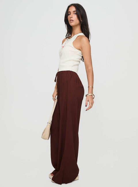 side view of model wearing Princess Polly Ogilvie Linen Blend Pants Chocolate High Rise Pants Pants 