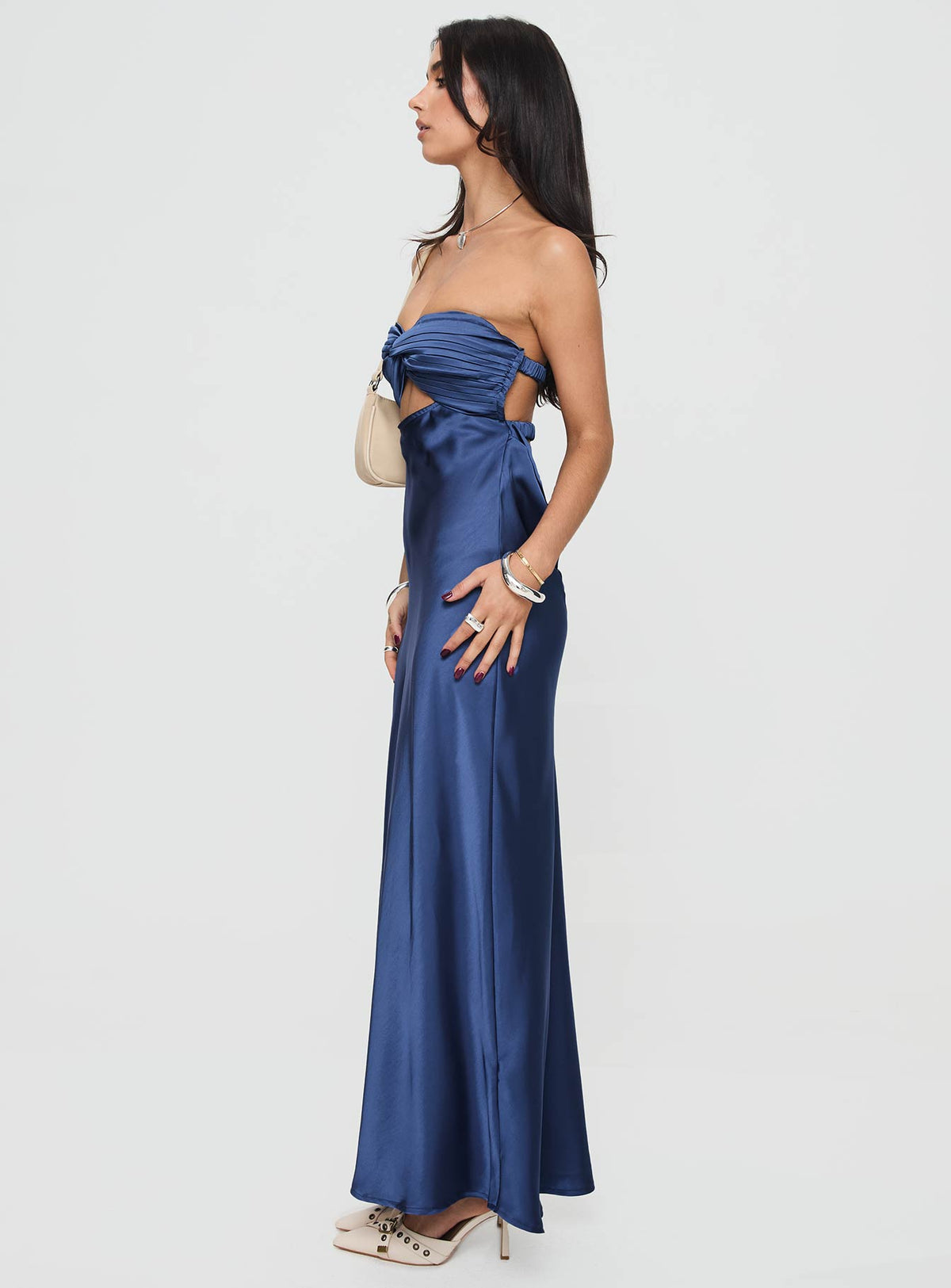 side view of model wearing Princess Polly Faviola Strapless Maxi Dress Blue Sweetheart Neckline 