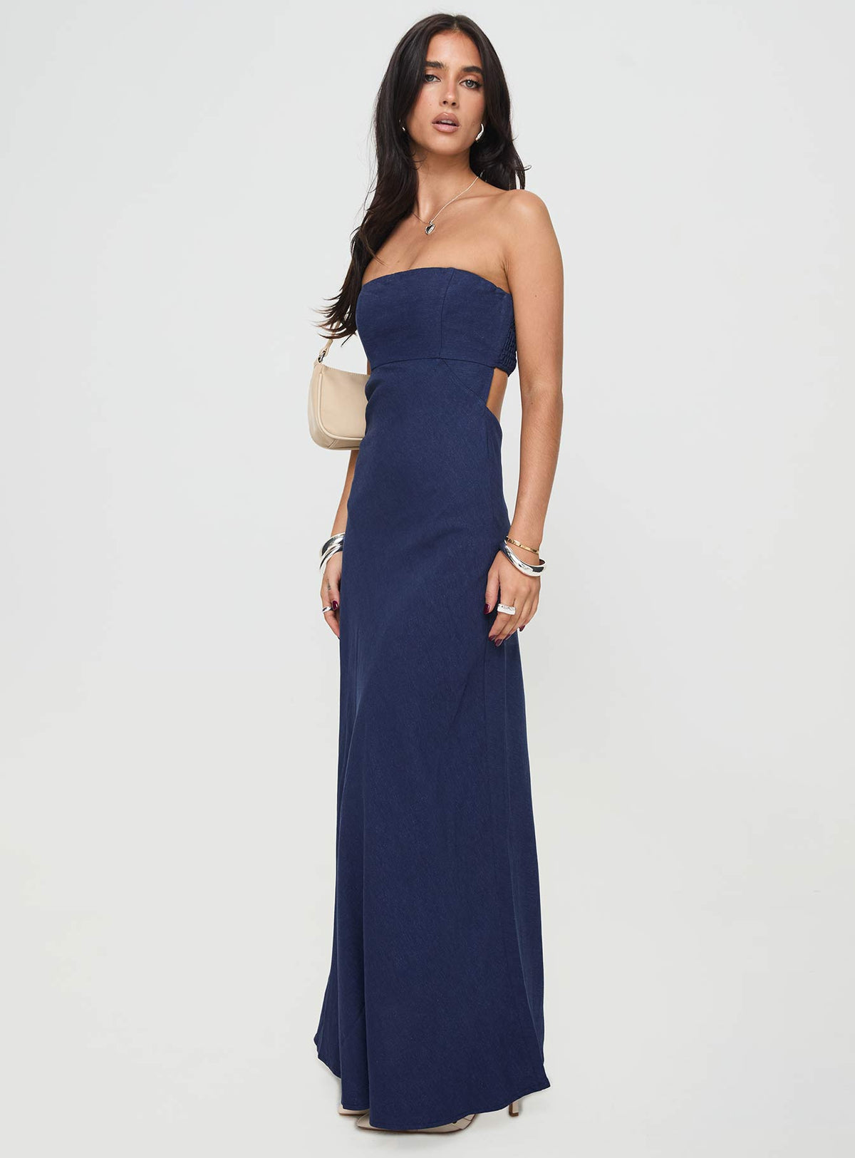 back view of model wearing Princess Polly Yahir Strapless Maxi Dress Navy Straight Neck 