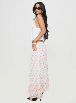   side view of model wearing Princess Polly Dancing In A Field Maxi Skirt Pink Floral Maxi Skirts Skirts 