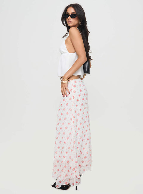   side view of model wearing Princess Polly Dancing In A Field Maxi Skirt Pink Floral Maxi Skirts Skirts 
