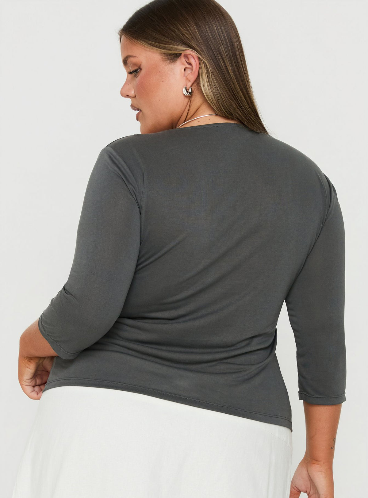 Back To Friends V Neck 3/4 Sleeve Top Grey Curve