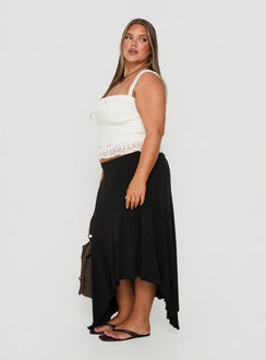 Crafted from the Futura Asymmetrical Midi Skirt Black Curve in womens-skirts with midi length side view of model wearing Princess Polly