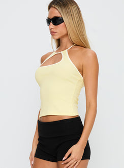 side view of model wearing Princess Polly Intellect Top Yellow / White Sleeveless Crew Neck 