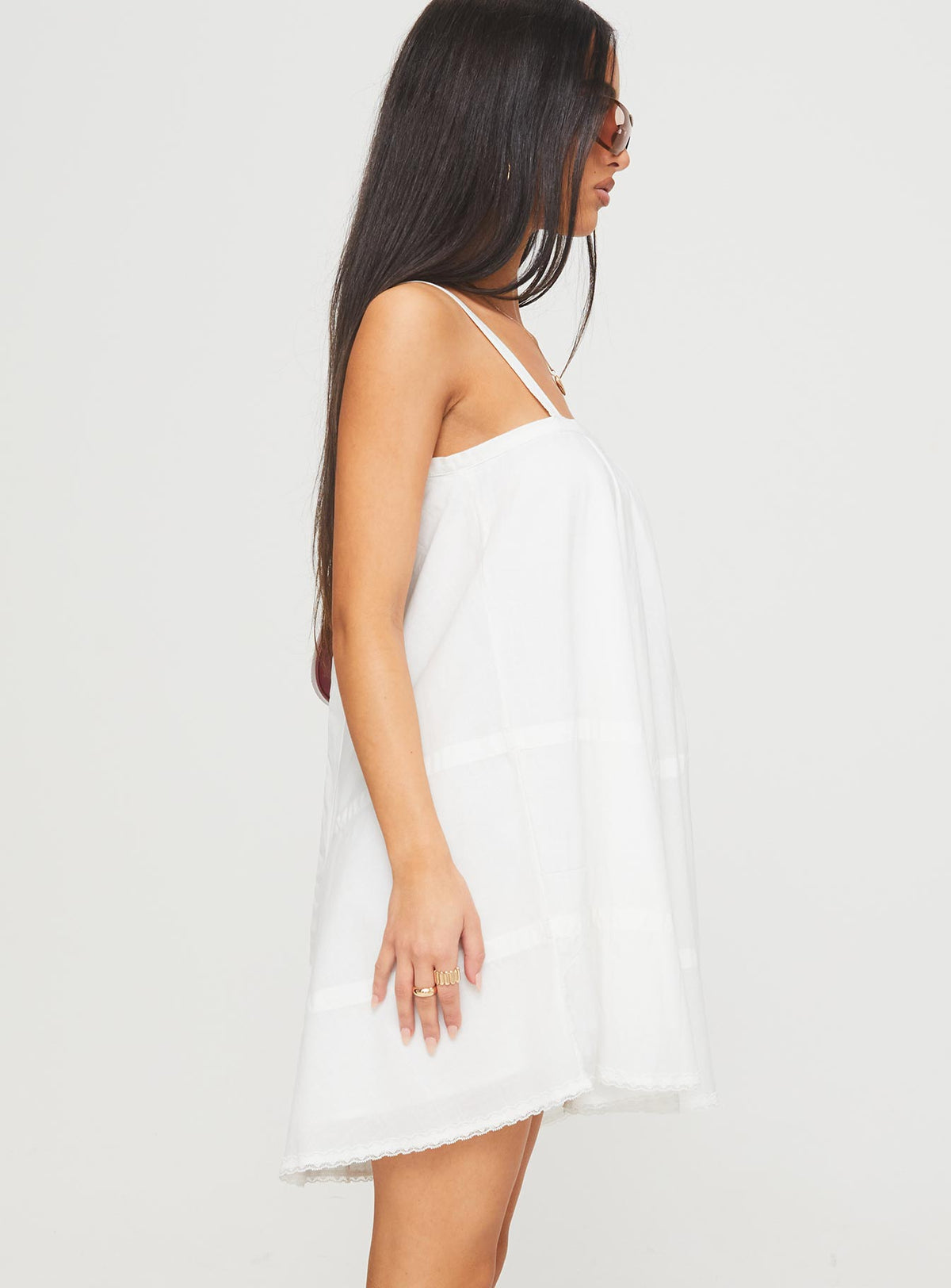 side view of model wearing Princess Polly Jubilant Mini Dress White Square Neck 