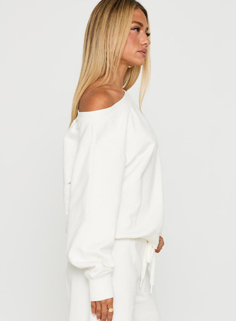 side view of model wearing Princess Polly Wellness Off The Shoulder Jumper Washed White Jumpers 