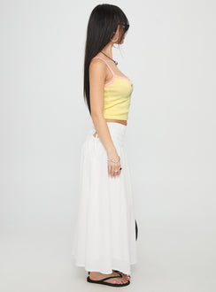   side view of model wearing Princess Polly Vence Ruched Maxi Skirt White Maxi Skirts Skirts 
