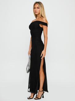 side view of model wearing Princess Polly Technique Off The Shoulder Maxi Dress Black Asymmetric Neckline 