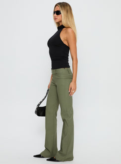 side view of model wearing Princess Polly Kinkirk Flared Pants Olive Green Low Rise Pants Pants 