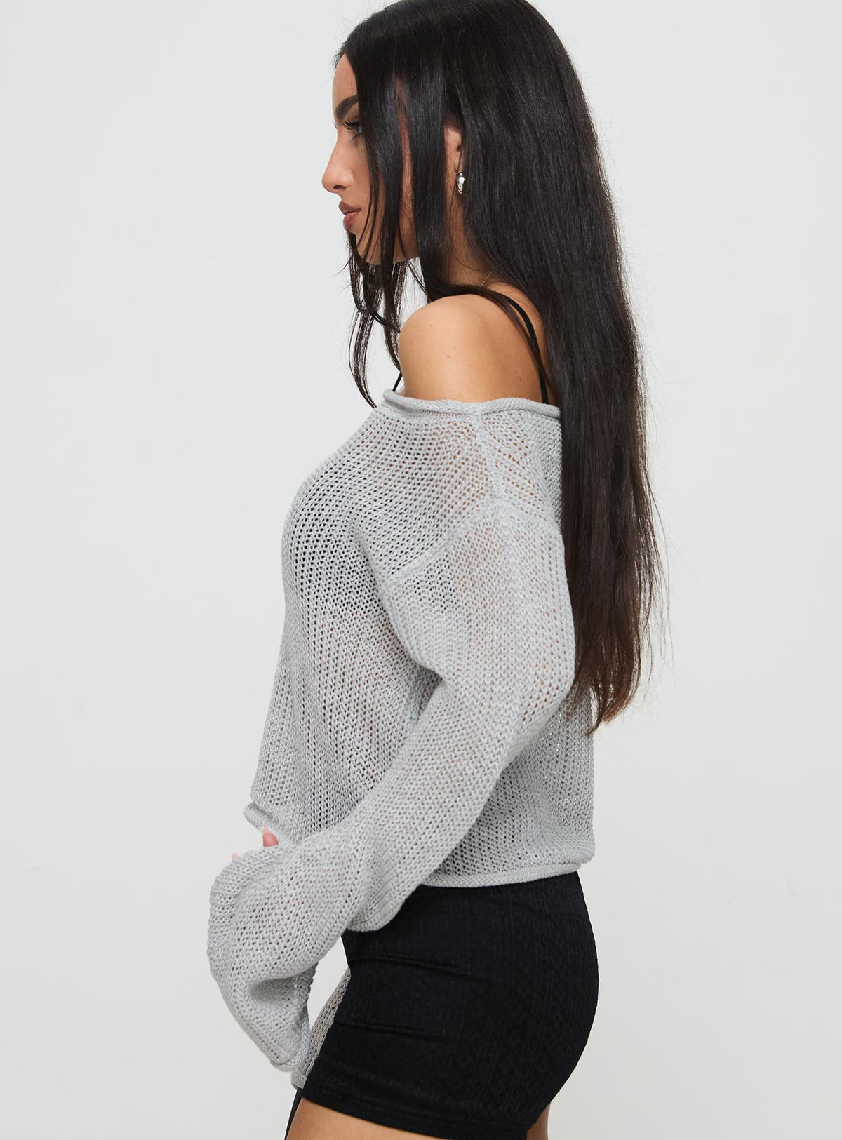 side view of model wearing Princess Polly Cafe Pari Sweater Grey Cropped Jumpers Jumpers 