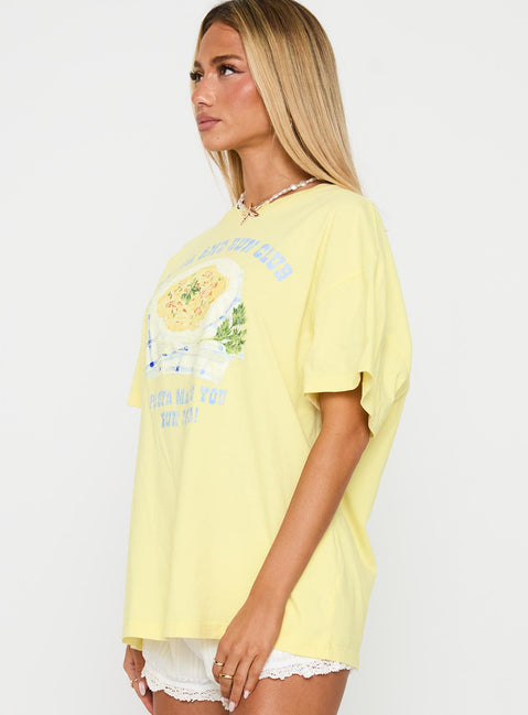 side view of model wearing Princess Polly Pasta Makes You Fasta Oversized Tee Yellow Half Sleeves Crew Neck 