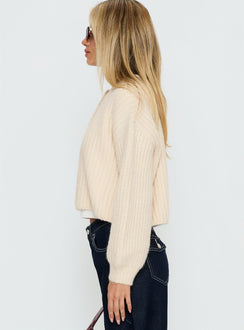side view of model wearing Princess Polly Hadly Knit Cardigan Cream Cropped Jumpers Jumpers 