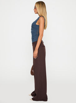 side view of model wearing Princess Polly Lustre Wide Leg Pant Brown Pinstripe Low Rise Pants 