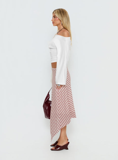   side view of model wearing Princess Polly Gwenora Asymmetrical Midi Skirt Pink Stripe Midi Skirts Skirts 