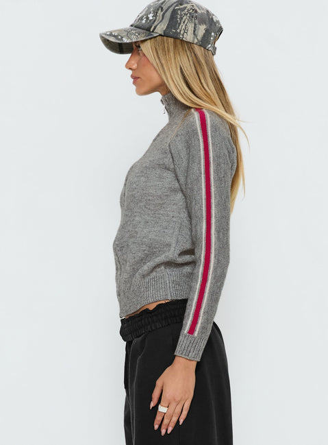 Showcasing the Caysey Zip Through Knit Sweater Grey womens-jumpers with short length and stripe accents side view of model wearing Princess Polly