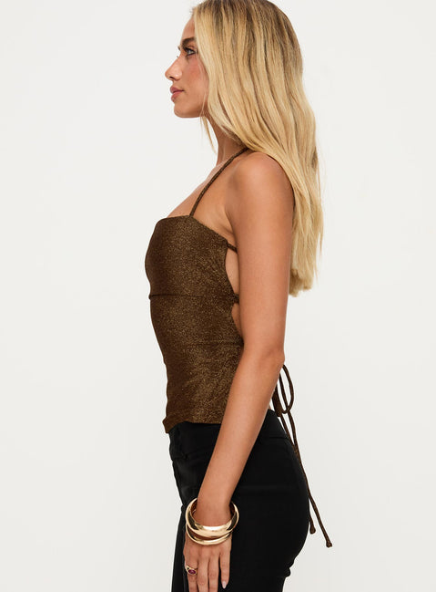 side view of model wearing Princess Polly Puzzle Piece Tie Back Top Gold Shimmer Sleeveless Square Neck 