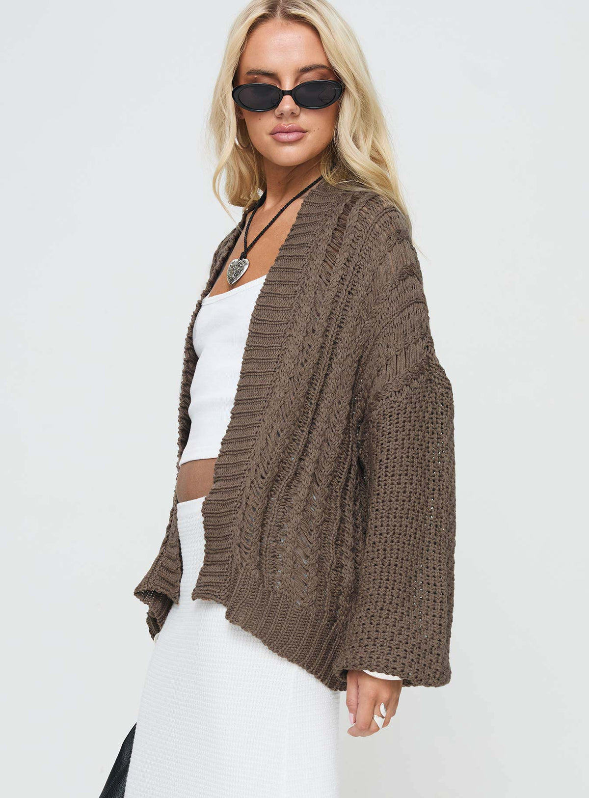 Cable knit cardigan, drop shoulder Good stretch, unlined Princess Polly Lower Impact 