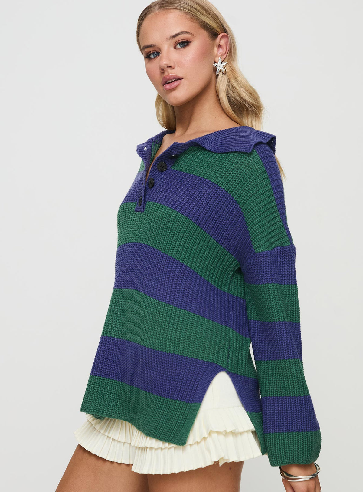 side view of model wearing Princess Polly Olivah Jumper Blue / Green Longline Jumpers Jumpers 