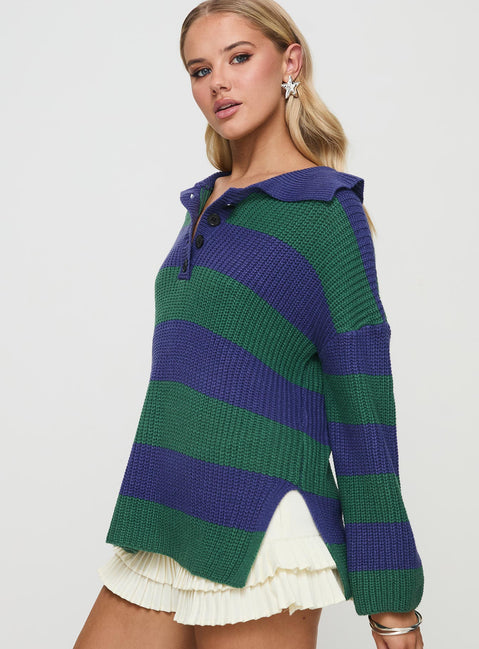 side view of model wearing Princess Polly Olivah Jumper Blue / Green Longline Jumpers Jumpers 