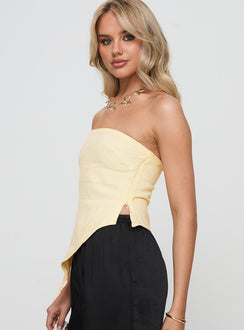 side view of model wearing Princess Polly Birdie Asymmetric Linen Blend Top Lemon Sleeveless straight 