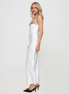 side view of model wearing Princess Polly Kenzie Maxi Dress White Sweetheart Neckline 