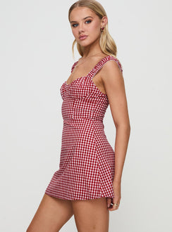 side view of model wearing Princess Polly Faubert Mini Dress Red Gingham Petite Sweetheart Neckline 