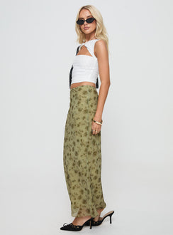   side view of model wearing Princess Polly Piazia Maxi Skirt Green Maxi Skirts Skirts 