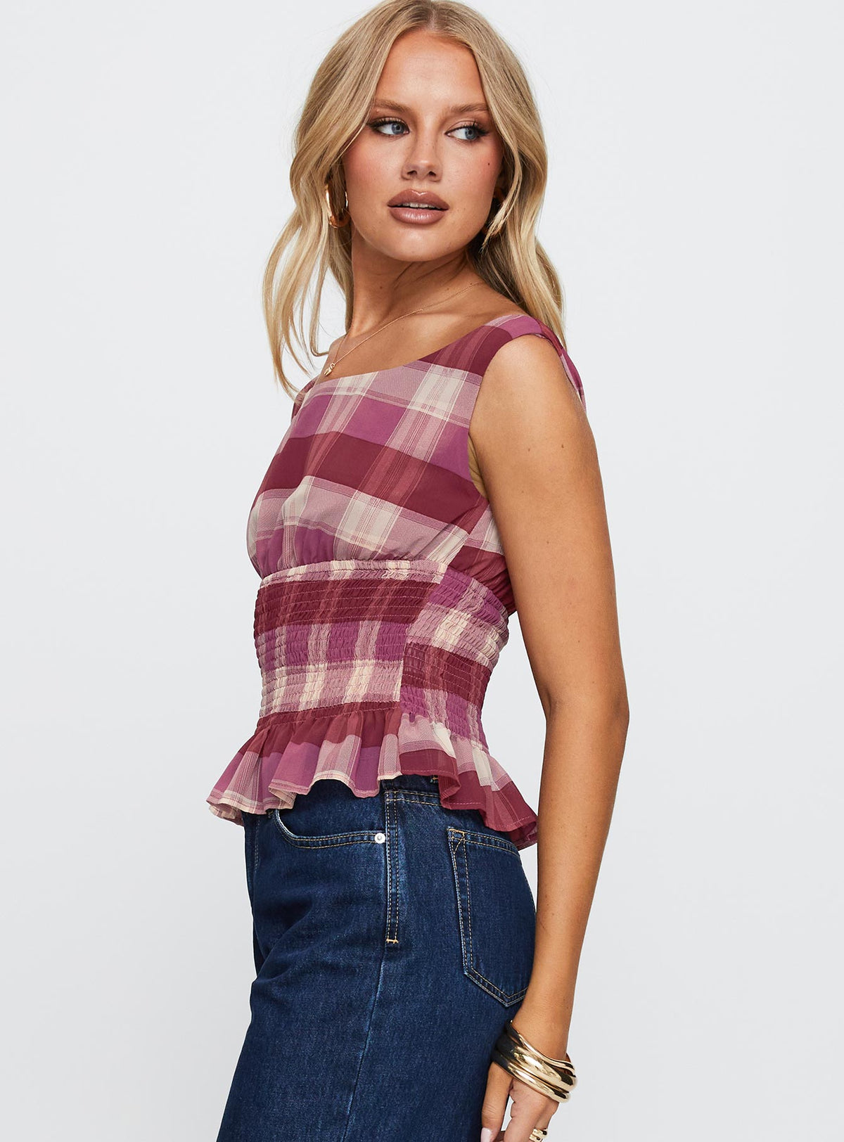 side view of model wearing Princess Polly Sweet Honey Frill Top Pink Check Sleeveless Boat Neck 