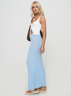   side view of model wearing Princess Polly Belle Knit Maxi Skirt Baby Blue Maxi Skirts Skirts 