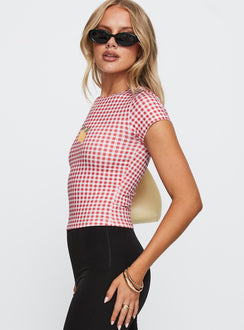 side view of model wearing Princess Polly Marcello Graphic Top Red Check Sleeveless Crew Neck 